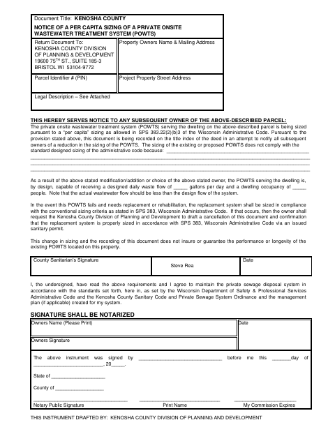 Notice of Per Capita Sizing of a Private Onsite Wastewater Treatment System (POWTS), Kenosha County form, first page
