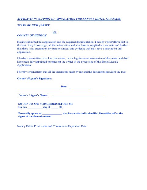 First page of the Affidavit in Support of Application for Annual Hotel Licensing