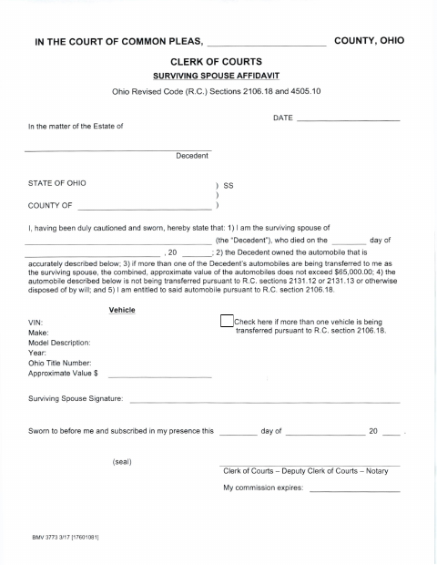 Surviving Spouse Automobile Affidavit, Lucas County form, first page
