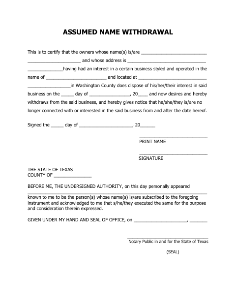 Assumed Name Withdrawal, Washington County form, first page