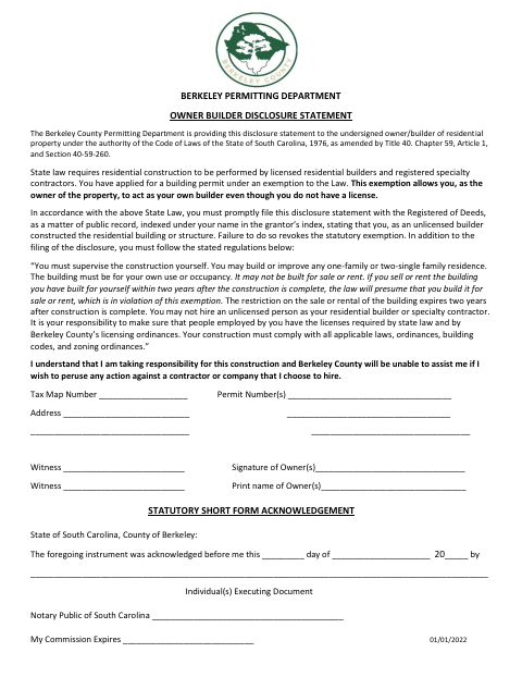 Owner Builder Disclosure Statement, Berkeley County form, first page