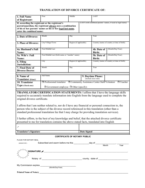 Translation of Divorce Certificate, Barron County form, first page