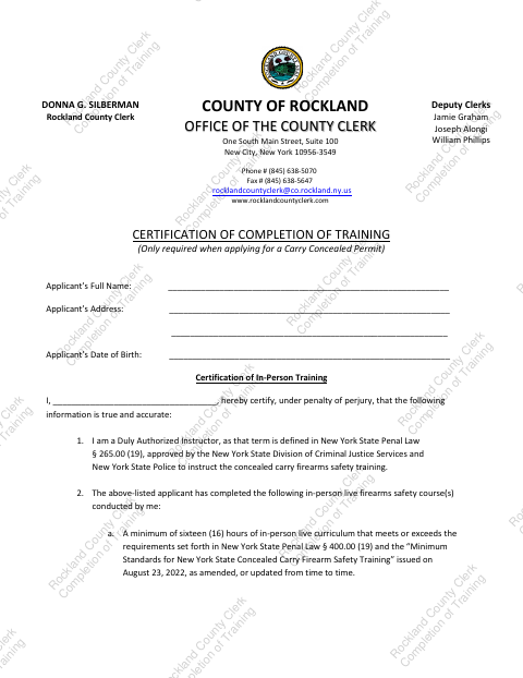 Certification of Completion of Training, Rockland County form, first page