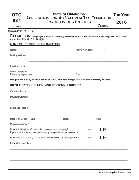 Application for Ad Valorem Tax Exemption for Religious Entities, Love County form, first page