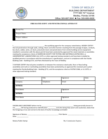 First page of the Fire-Rated Joint and Penetration Affidavit