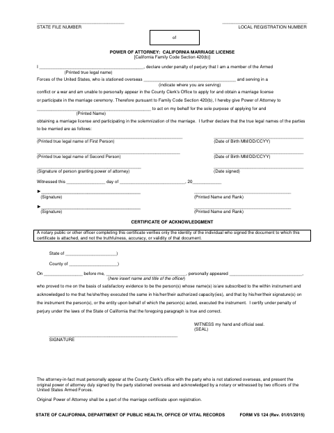 VS 124 Military Marriage Power of Attorney first page