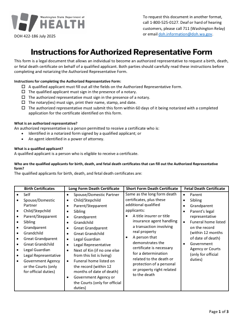 Authorized Representative Form 422-186 first page