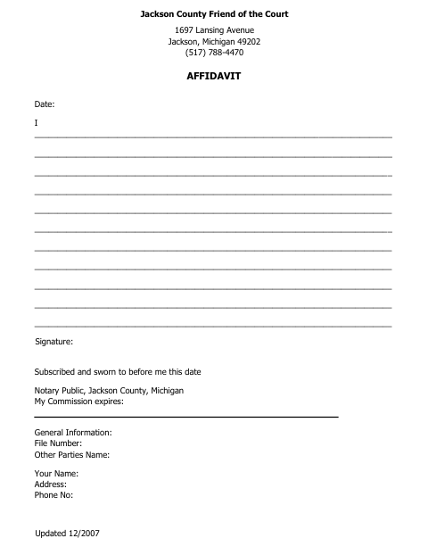 Affidavit, Jackson County form, first page