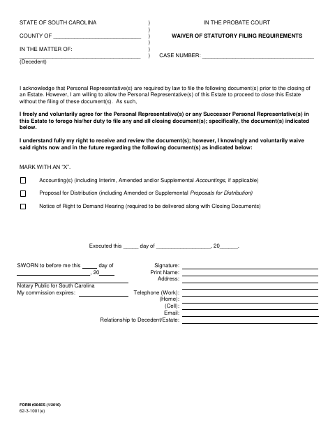 Waiver of Statutory Filing Requirements, Orangeburg County form, first page