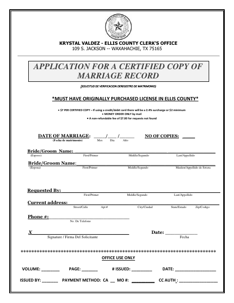 First page of the Application for a Certified Copy of Marriage Record