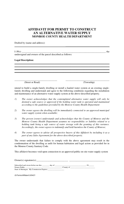 Affidavit for Permit to Construct an Alternative Water Supply, Monroe County form, first page