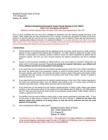 Affidavit Establishing Exemption Under Florida Statutes § ... — Bradford County form, first page