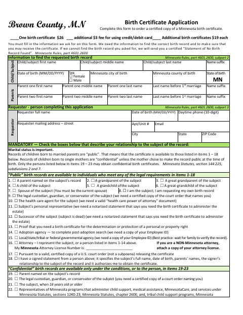 Birth Certificate Application, Brown County form, first page