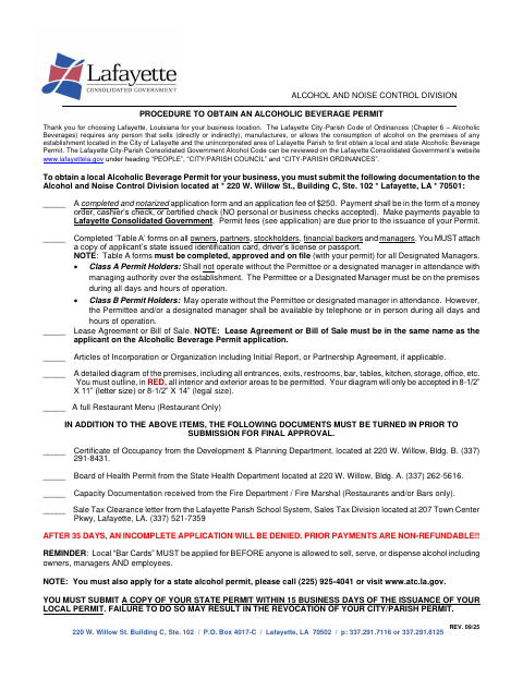 First page of the Alcoholic Beverage Permit Application