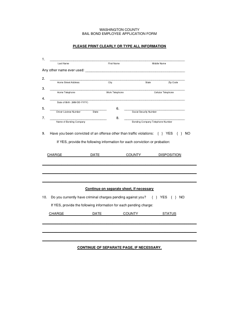 Bail Bond Employee Application Form, Washington County form, first page