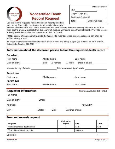 Noncertified Death Record Request, Olmsted County form, first page