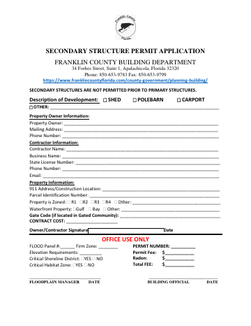 SECONDARY STRUCTURE PERMIT APPLICATION ... — Franklin County form, first page