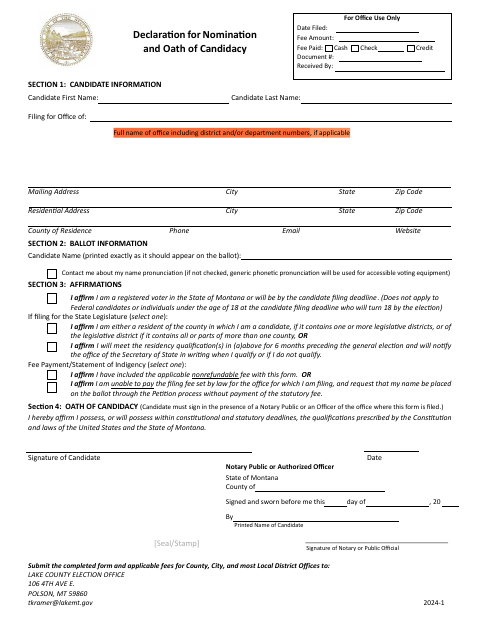 Declaration for Nomination and Oath of Candidacy, Lake County form, first page