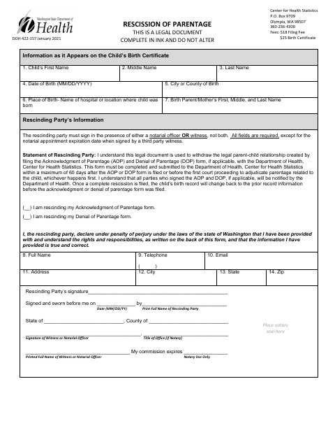 DOH 422-157 Rescission of Parentage first page