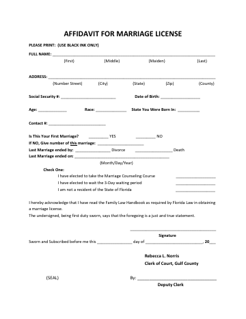 AFFIDAVIT FOR MARRIAGE LICENSE — Gulf County form, first page