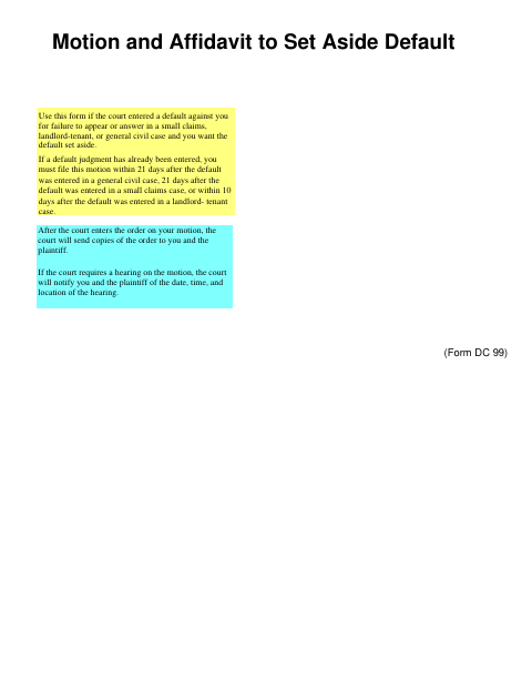 Motion and Affidavit to Set Aside Default, St. Joseph County form, first page