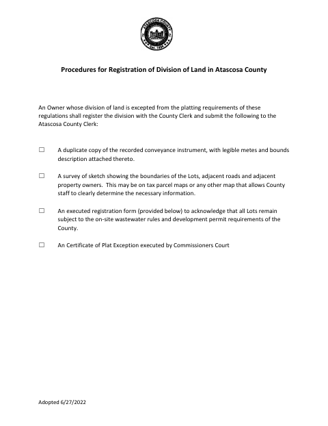 Registration For Division Of Land, Atascosa County form, first page