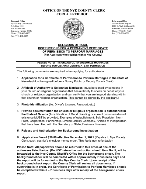 Religious Official Application for Certificate of Permission to Perform Marriages, Nye County form, first page