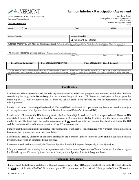 VL-085 Ignition Interlock Participation Agreement first page