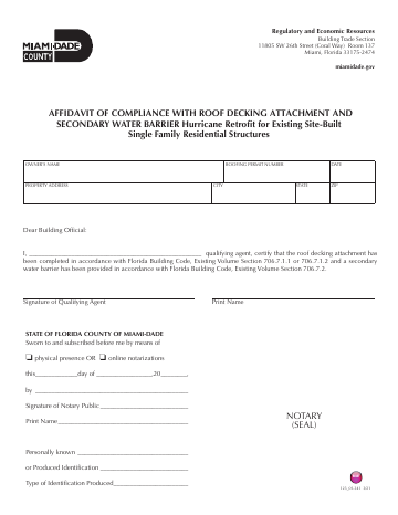 affidavit of compliance with roof decking attachment and — Miami-Dade County form, first page