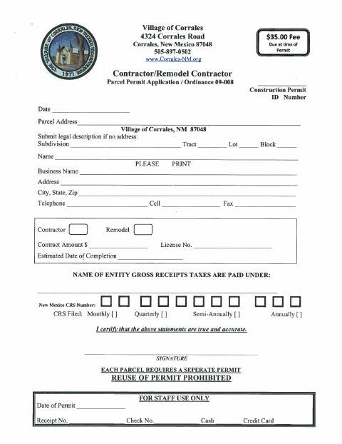 First page of the Contractor Parcel Permit Application
