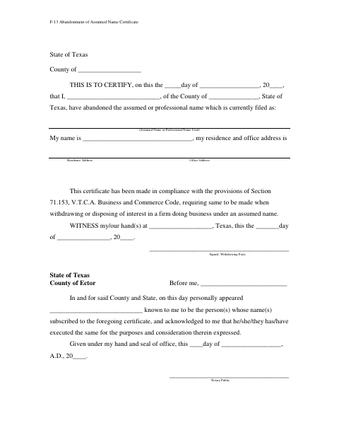 Abandonment of Assumed Name Certificate, Hartley County form, first page