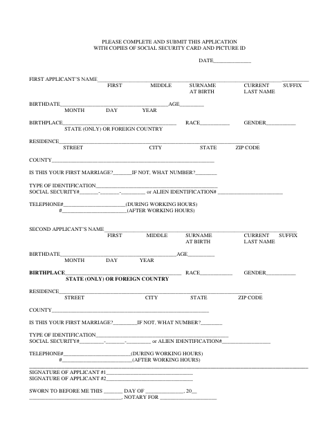 Marriage License Application, Colleton County form, first page