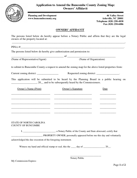 Owners’ Affidavit, Buncombe County form, first page