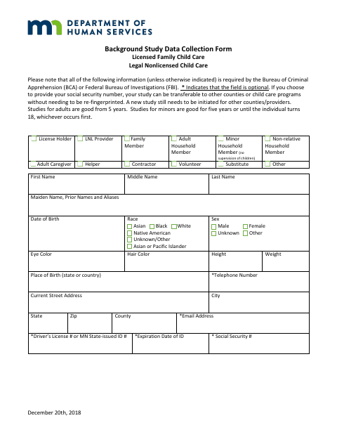 First page of the Background Study Data Collection Form