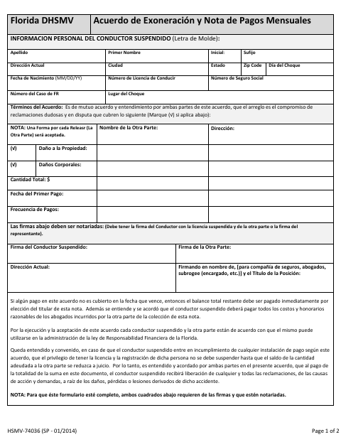 HSMV-74036SP Release Agreement and Monthly Payment Note first page
