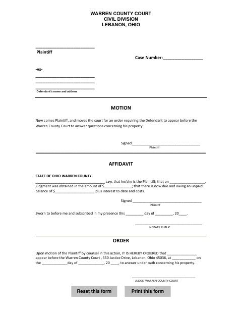 Judgment Debtor Exam Motion and Affidavit, Warren County form, first page