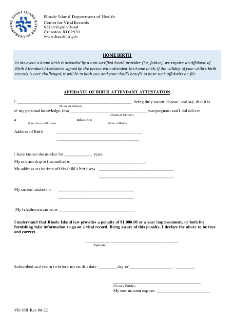 Affidavit of Birth Attendant Attestation VR-36B first page