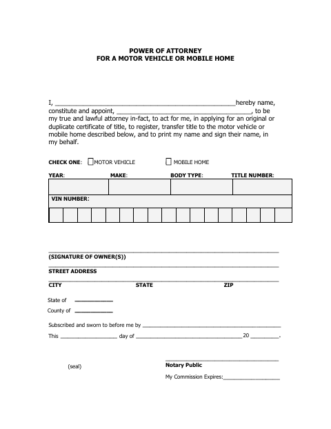 Power of Attorney for a Motor Vehicle or Mobile Home, Natrona County form, first page