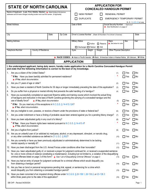 Application For Concealed Handgun Permit, Granville County form, first page