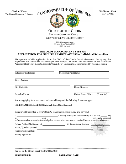 Records Management System Application for Secure Remote Access, City of Newport News form, first page