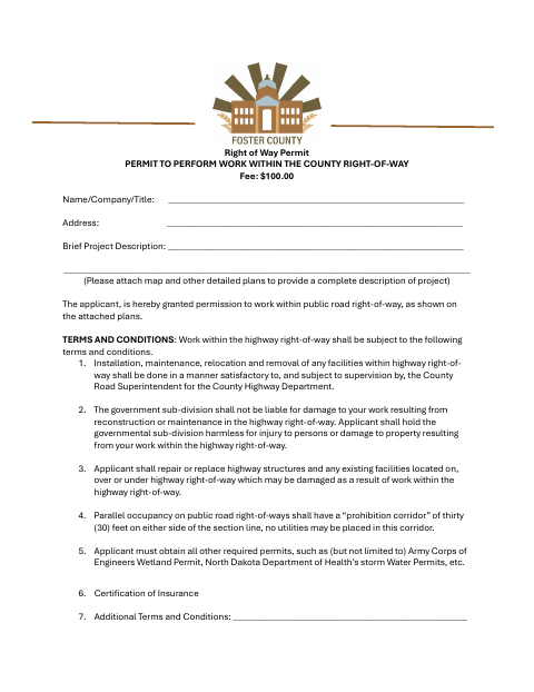 Right of Way Permit, Foster County form, first page