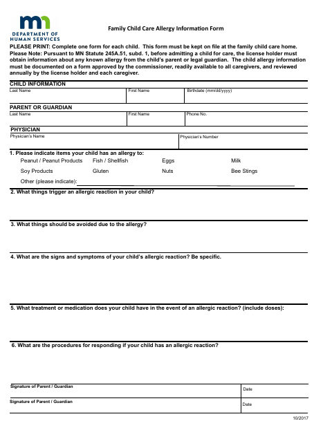 First page of the Family Child Care Allergy Information Form