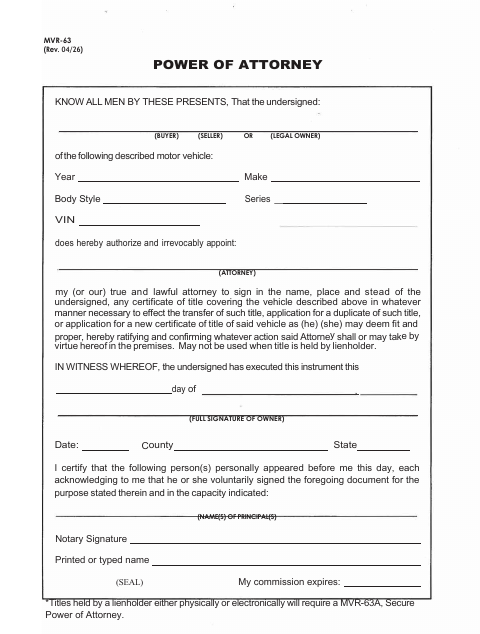 MVR-63 Power of Attorney first page
