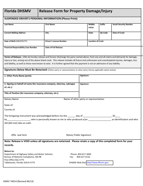 HSMV 74014 Release Form for Property Damage or Injury first page