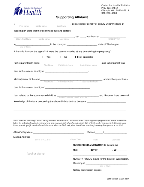 Supporting Affidavit for Births (DOH 422-036) first page