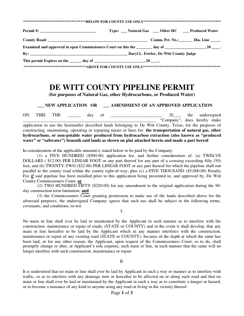 Pipeline Permit Application, DeWitt County form, first page