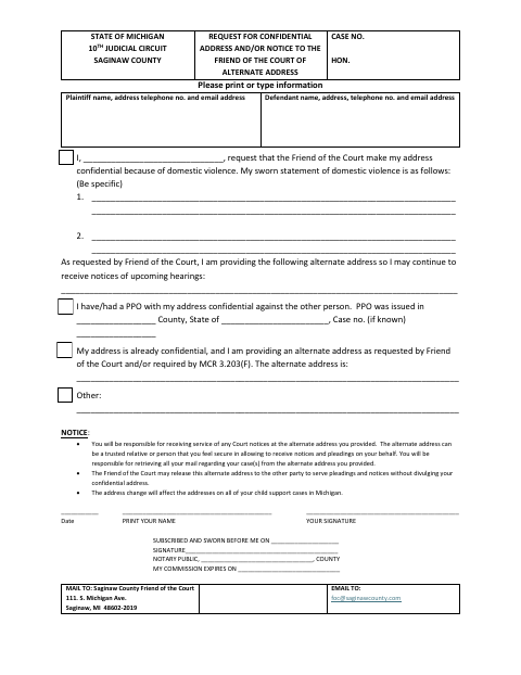 Request for Confidential Address or Alternate Address Notice, Saginaw County form, first page