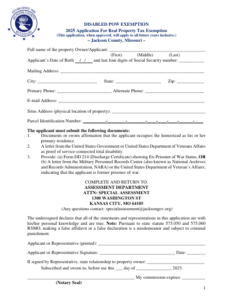 Disabled POW Exemption Application for Real Property Tax Exemption, Jackson County form, first page
