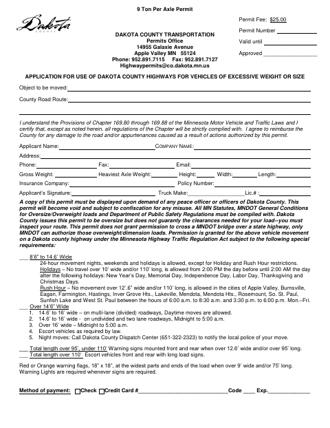 First page of the 9 Ton Per Axle Permit