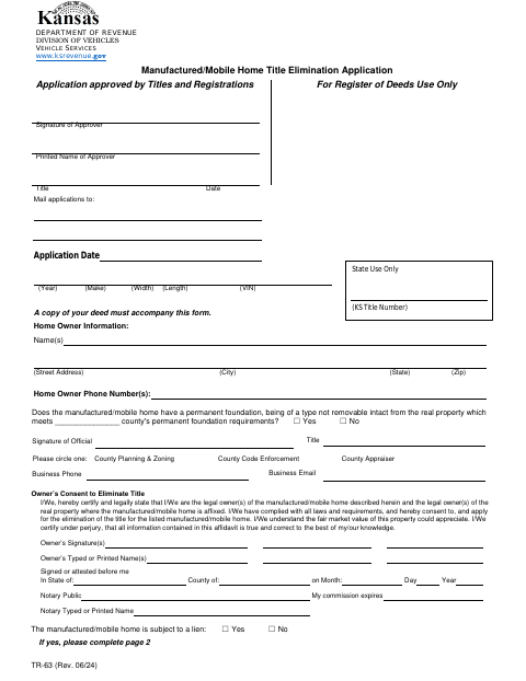 Affidavit of Permanently Affixed Manufactured/Mobile Home and Application to Eliminate Title (TR-63) first page